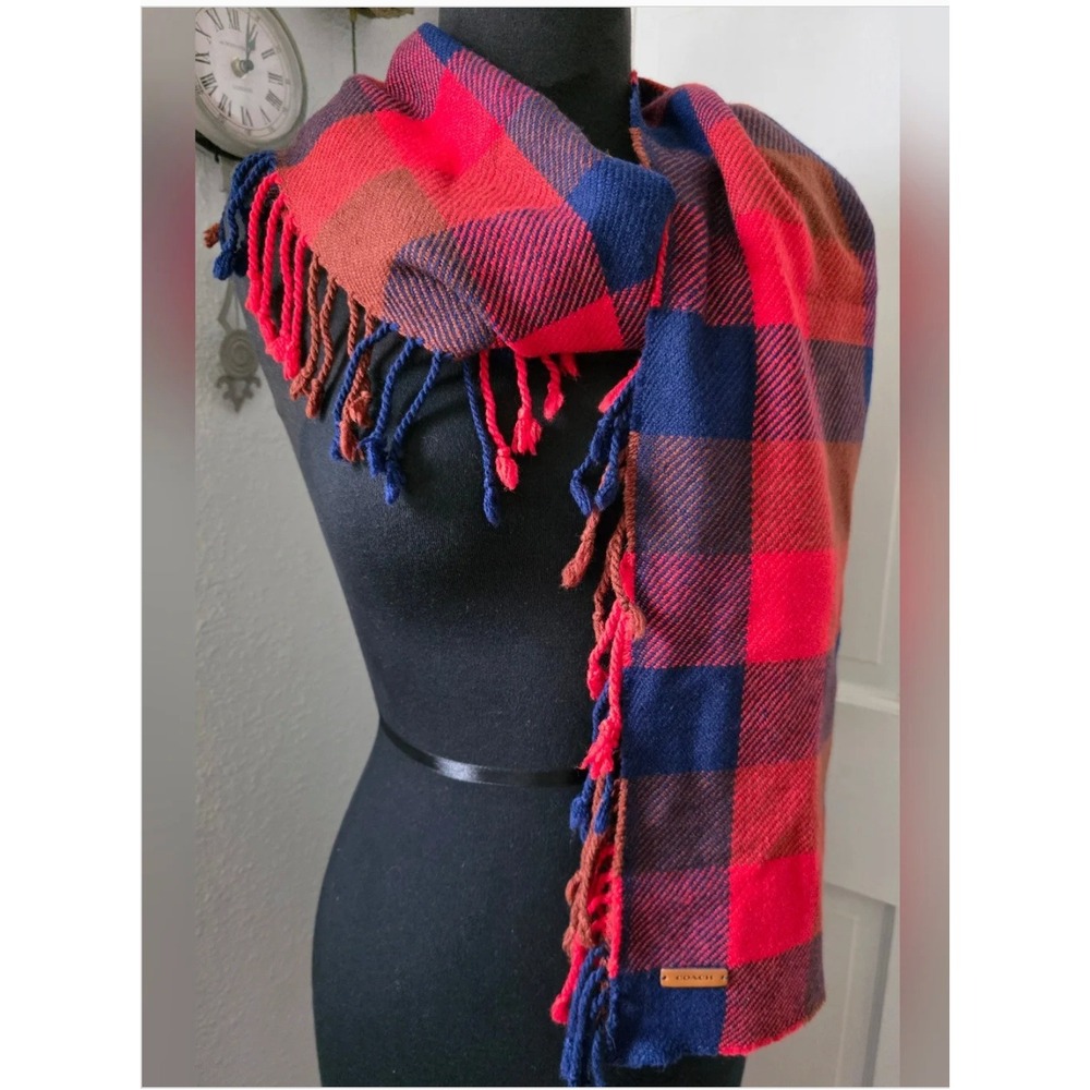 Coach Red Blue Buffalo Plaid Scarf OS Wool Cashmere Blend Leather Logo Fringe